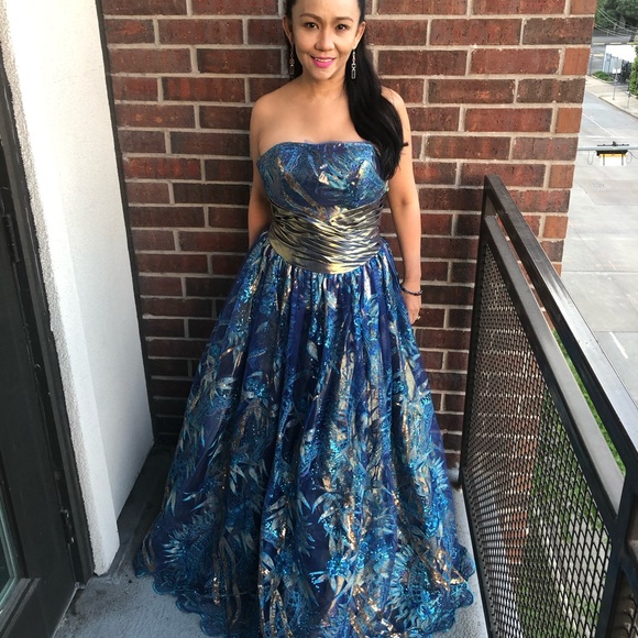 Preloved prom gown blue and gold medium - Picture 4 of 5